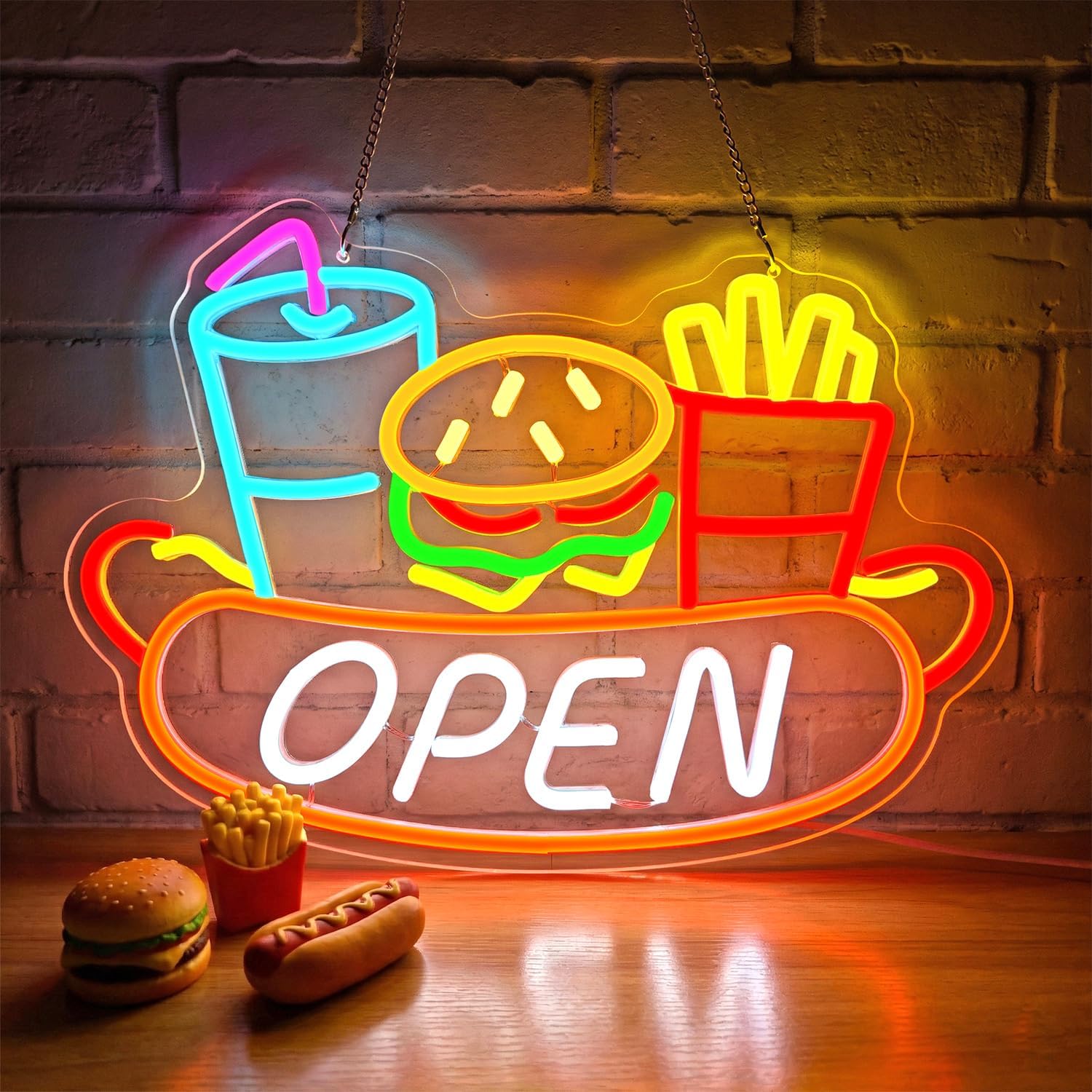 Photography Lighting For Food - Open Neon Sign USB Burger Fries