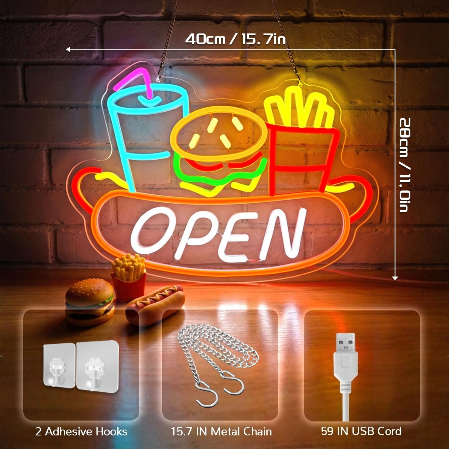 Open Neon Sign USB Burger Frie - Photography Lighting For Food recension och pris